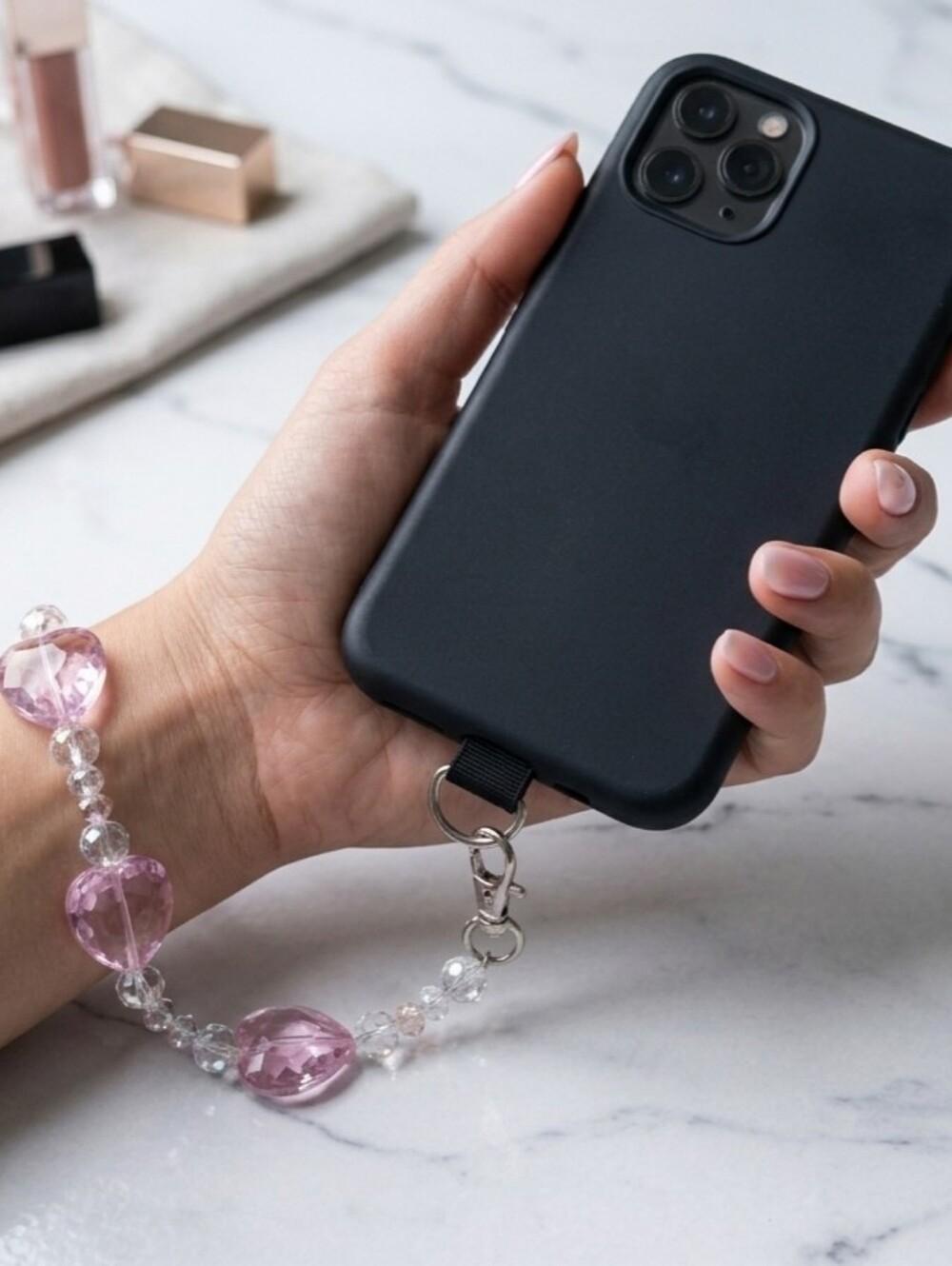 Handmade Kawaii Pink & Clear Beaded Phone Wristlet Strap with Silver Clasp